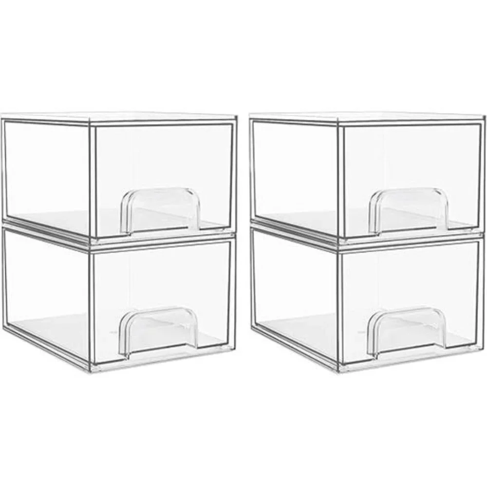4 Pack Clear Stackable Storage Drawers, 4.4'' Tall Acrylic Bathroom Organizer